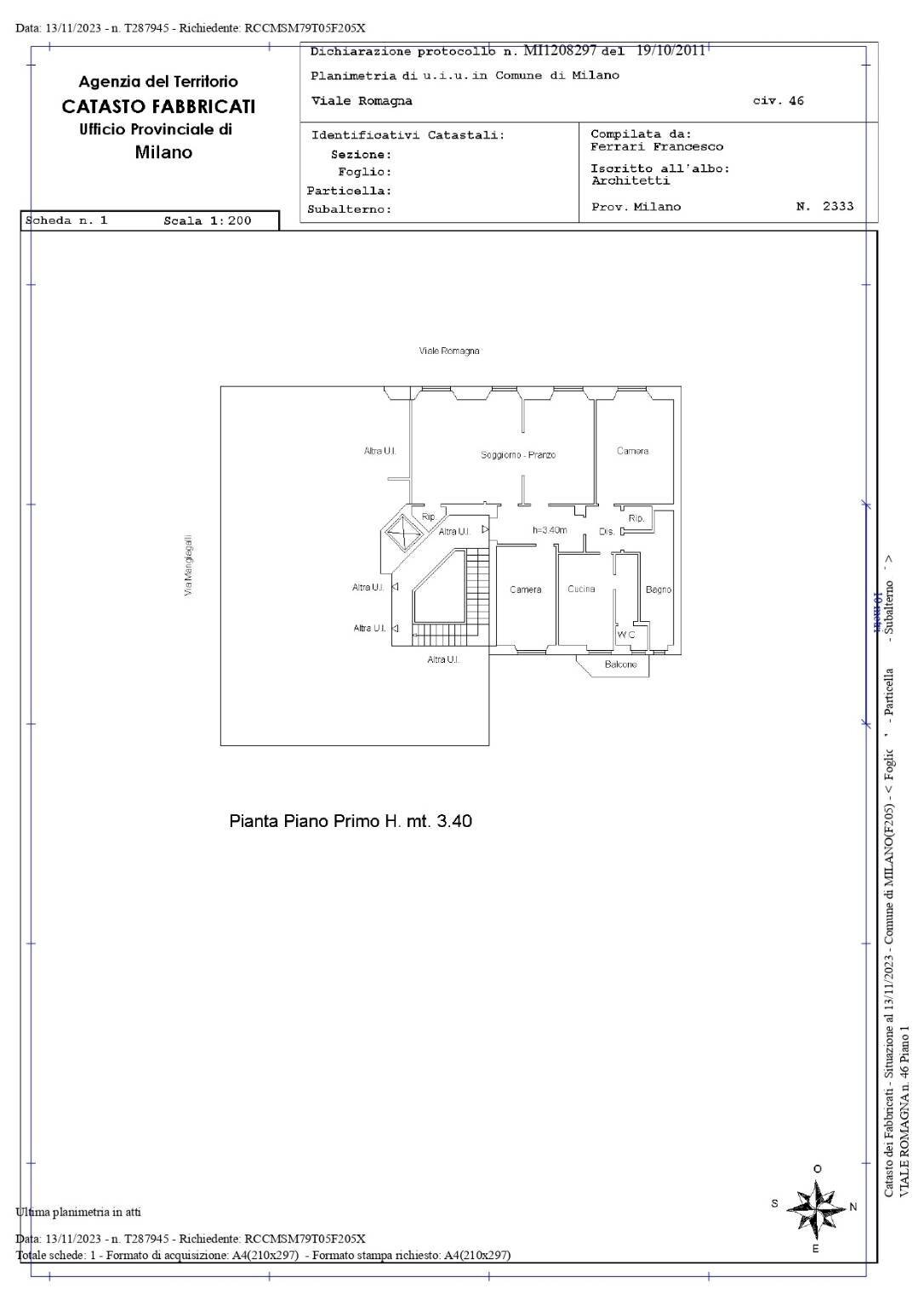 Quadrilocale viale Romagna, 46, Milano - planimetria 1