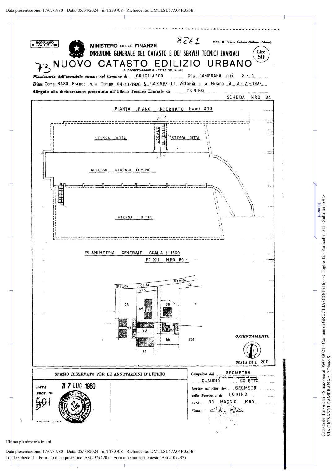 Box via Giovanni Camerana, 2, Grugliasco - planimetria 1