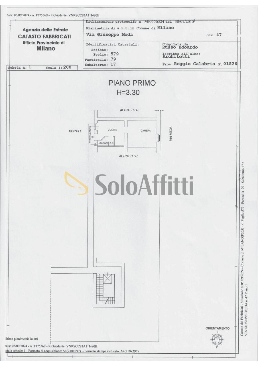 Planimetria catastale via Giuseppe Meda, 47 milano - Bilocale Via Giuseppe Meda 47, Milano - planimetria 1
