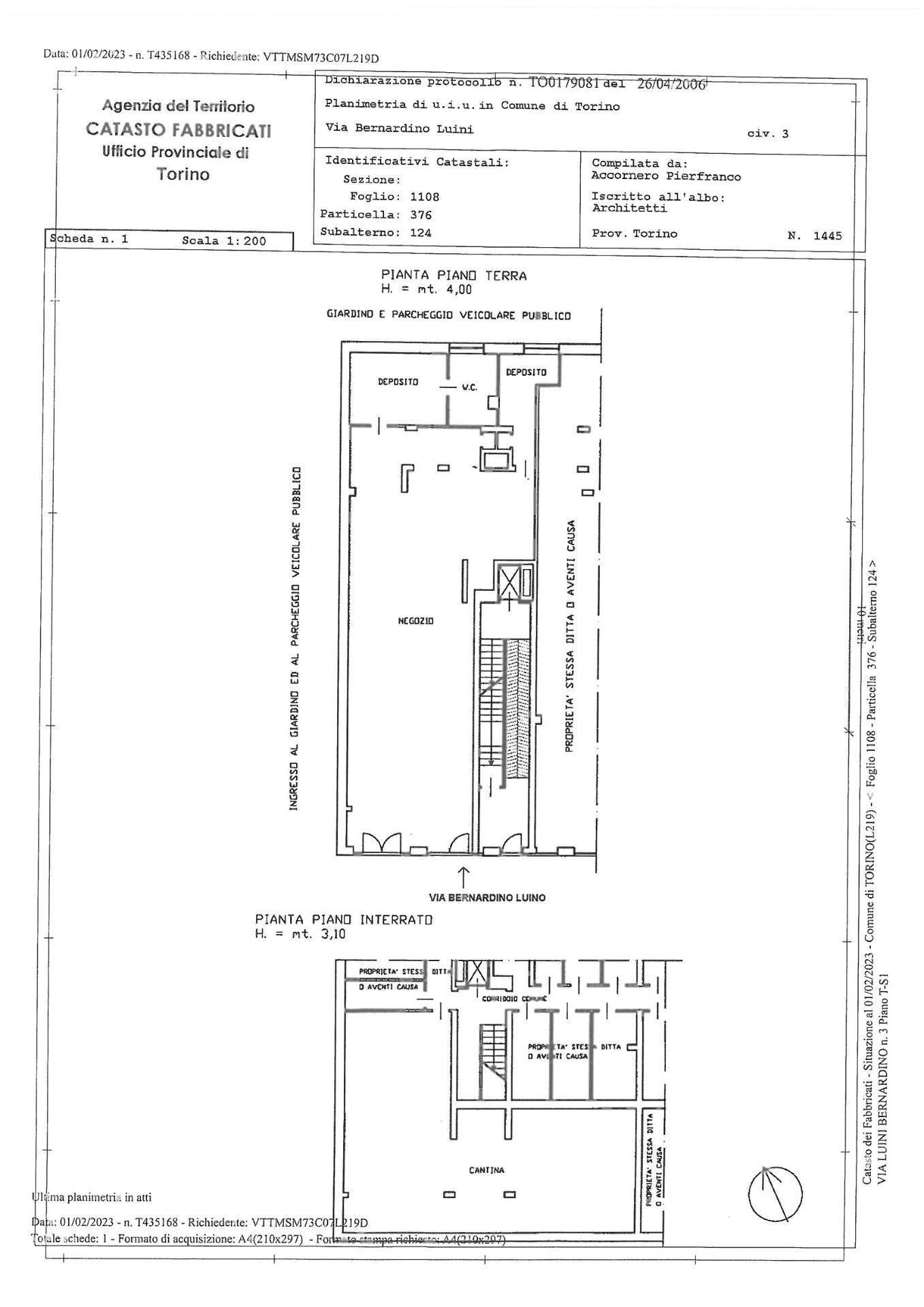 Foto 4 - Locale Commerciale Via Bernardino Luini
 
3/B, Torino - planimetria 1
