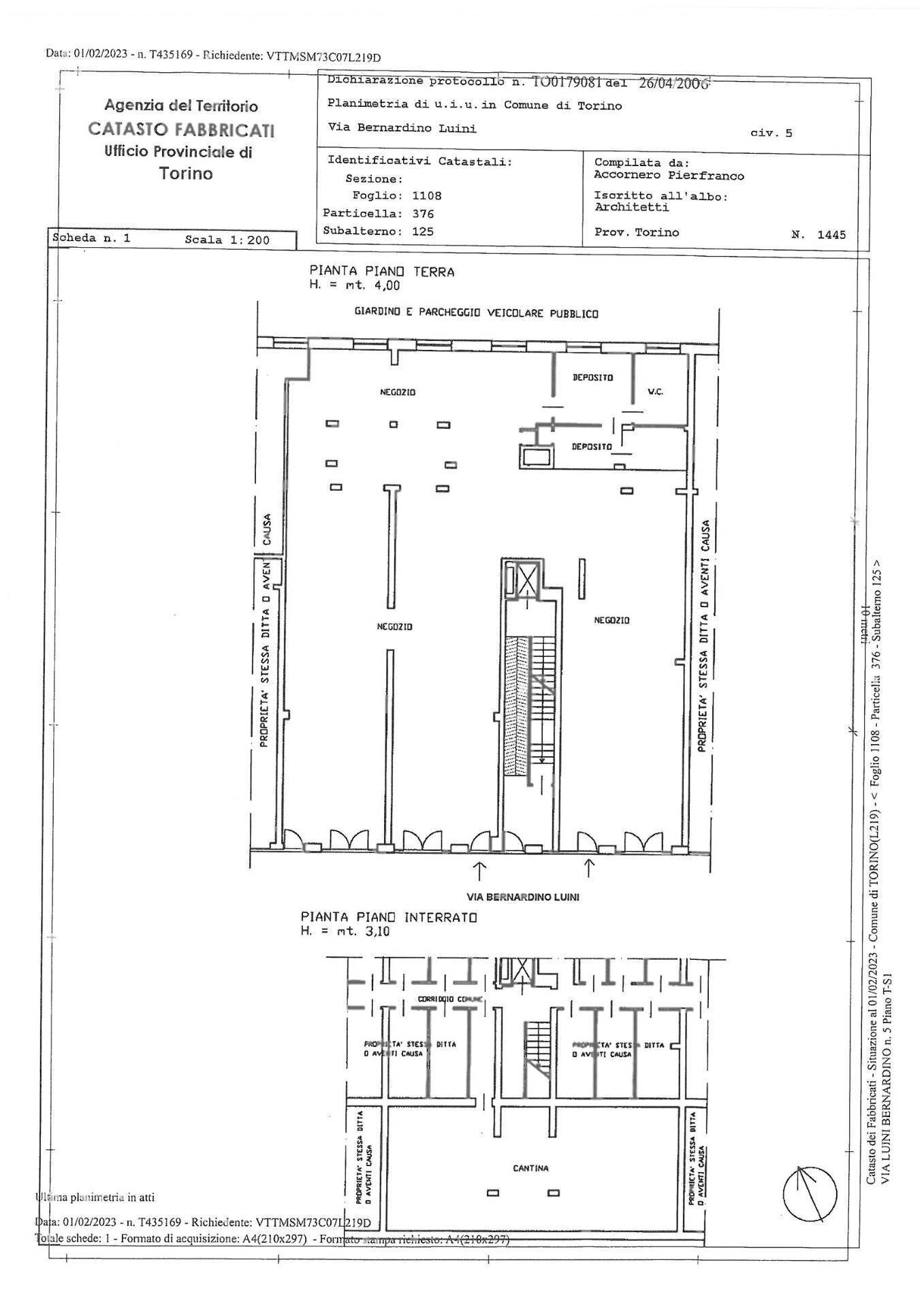 Foto 3 - Locale Commerciale Via Bernardino Luini
 
5/B, Torino - planimetria 1