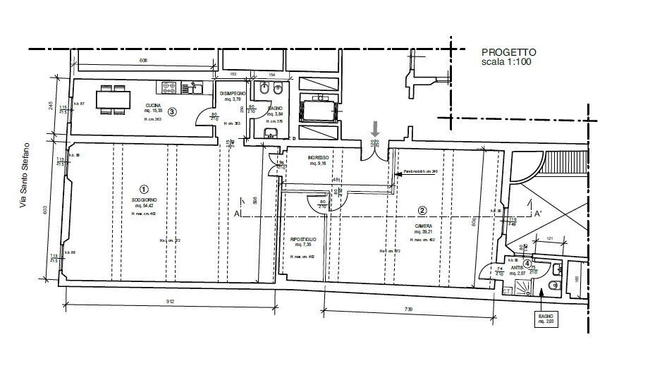 Trilocale via Santo Stefano, Bologna (zona Centro Storico) - planimetria 1