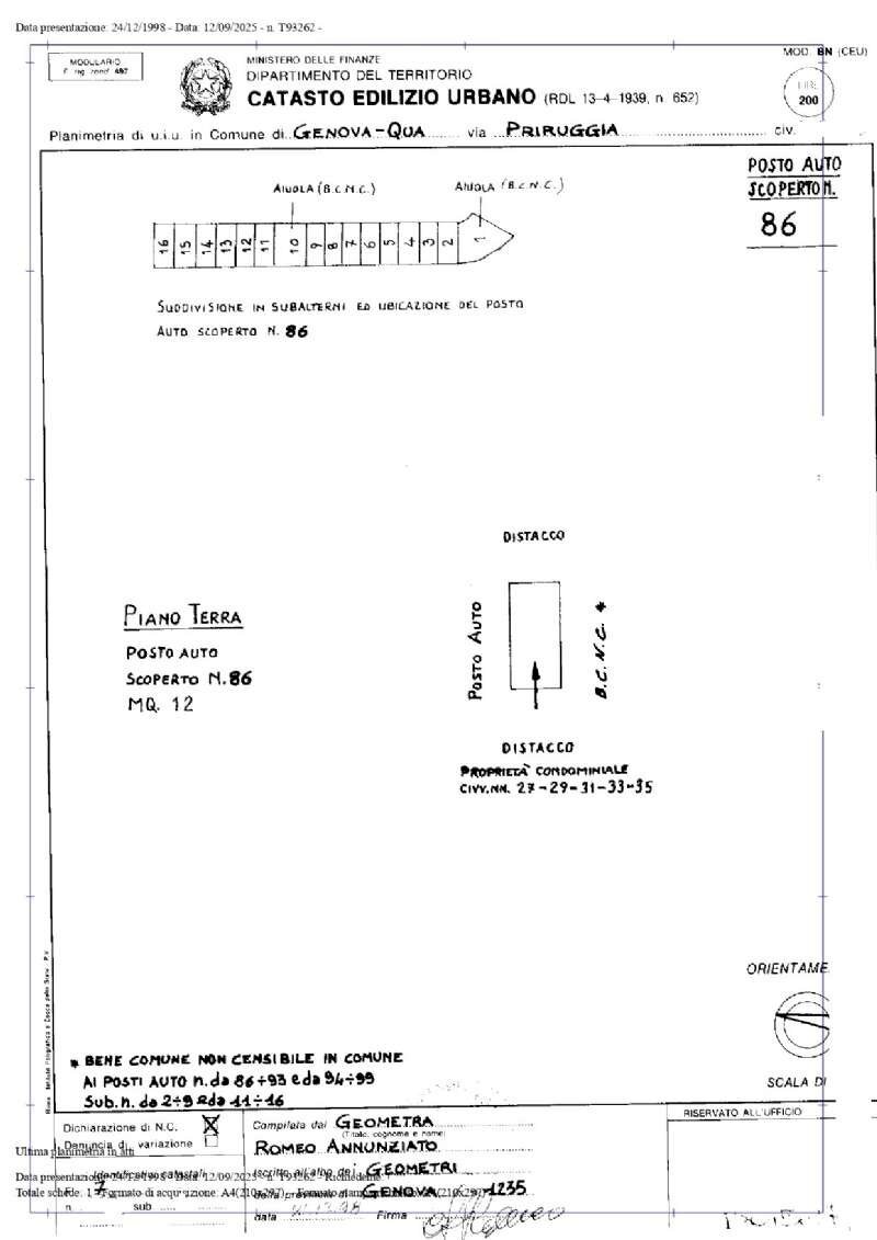 planimetria posto auto - Appartamento via Priaruggia, Genova (zona Quarto) - planimetria 1