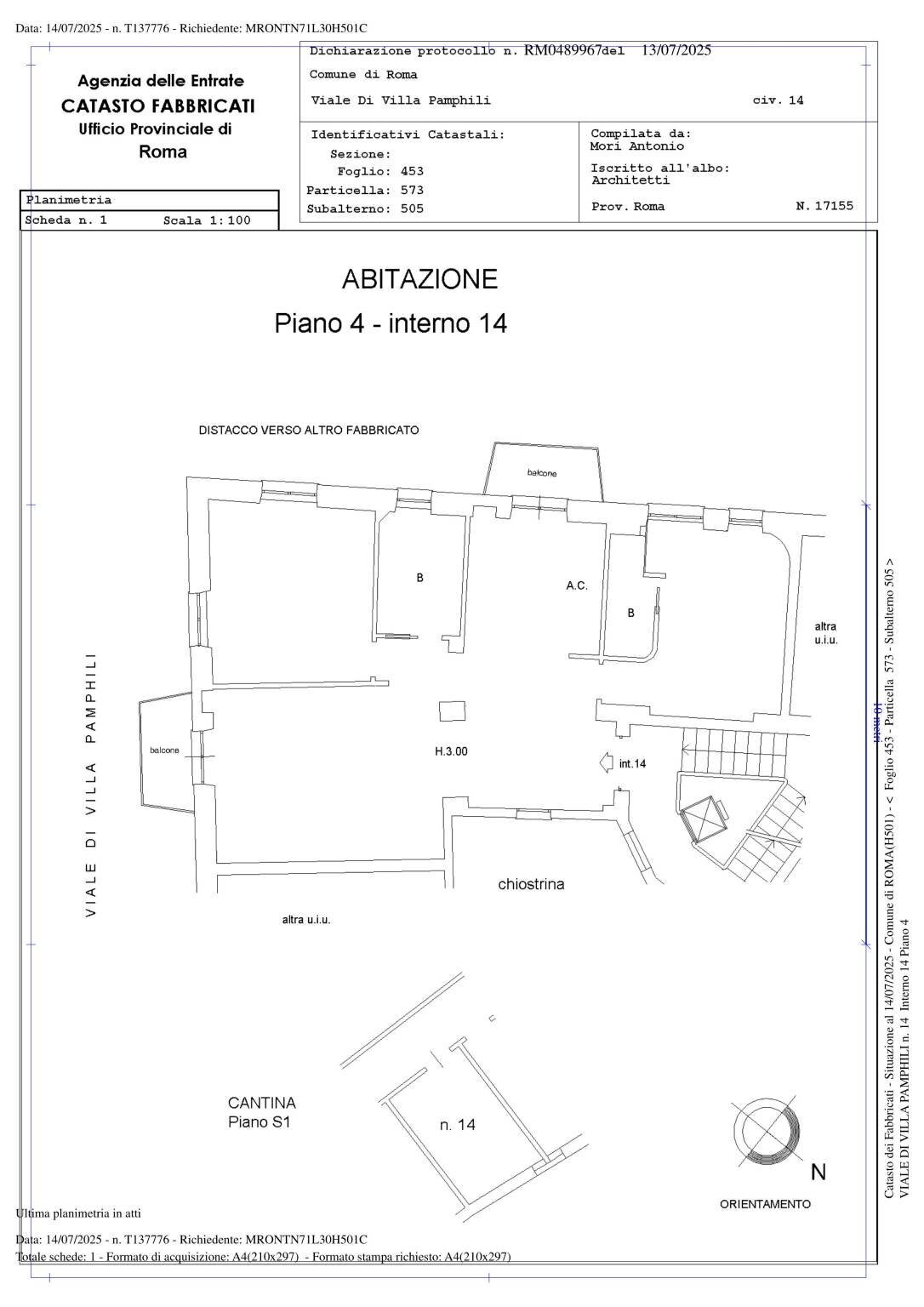 Trilocale viale di Villa Pamphili, 14, Roma - planimetria 1