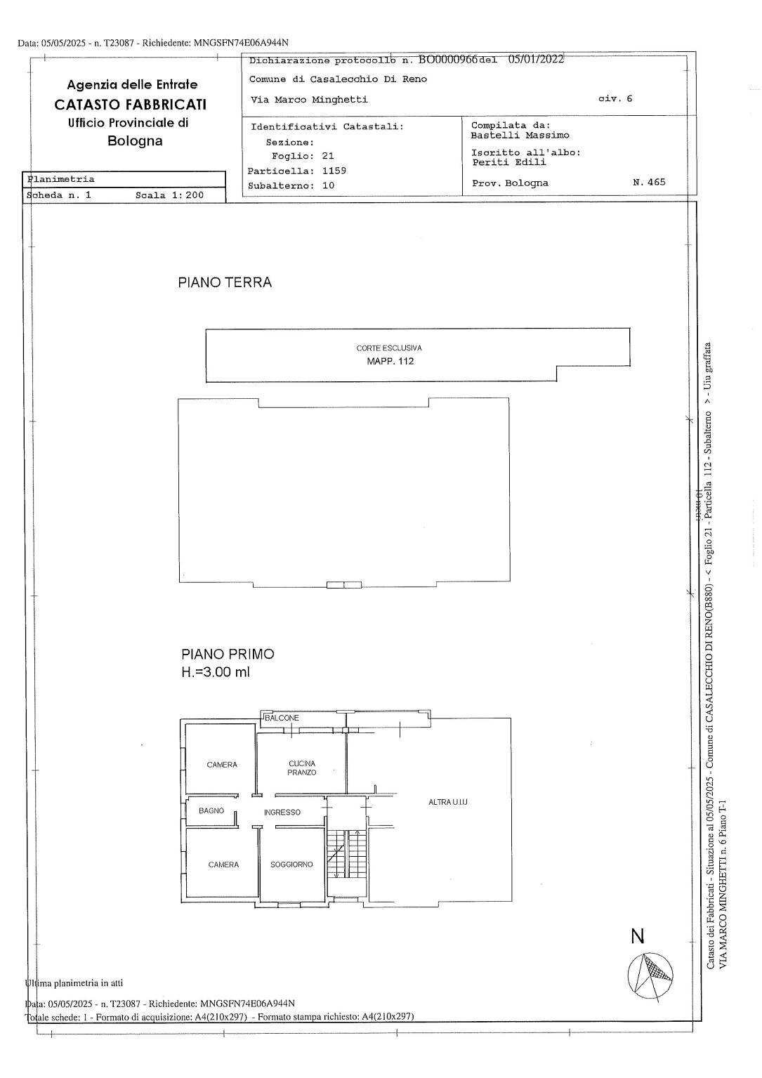 Quadrilocale via Marco Minghetti, 6, Casalecchio di Reno - planimetria 1