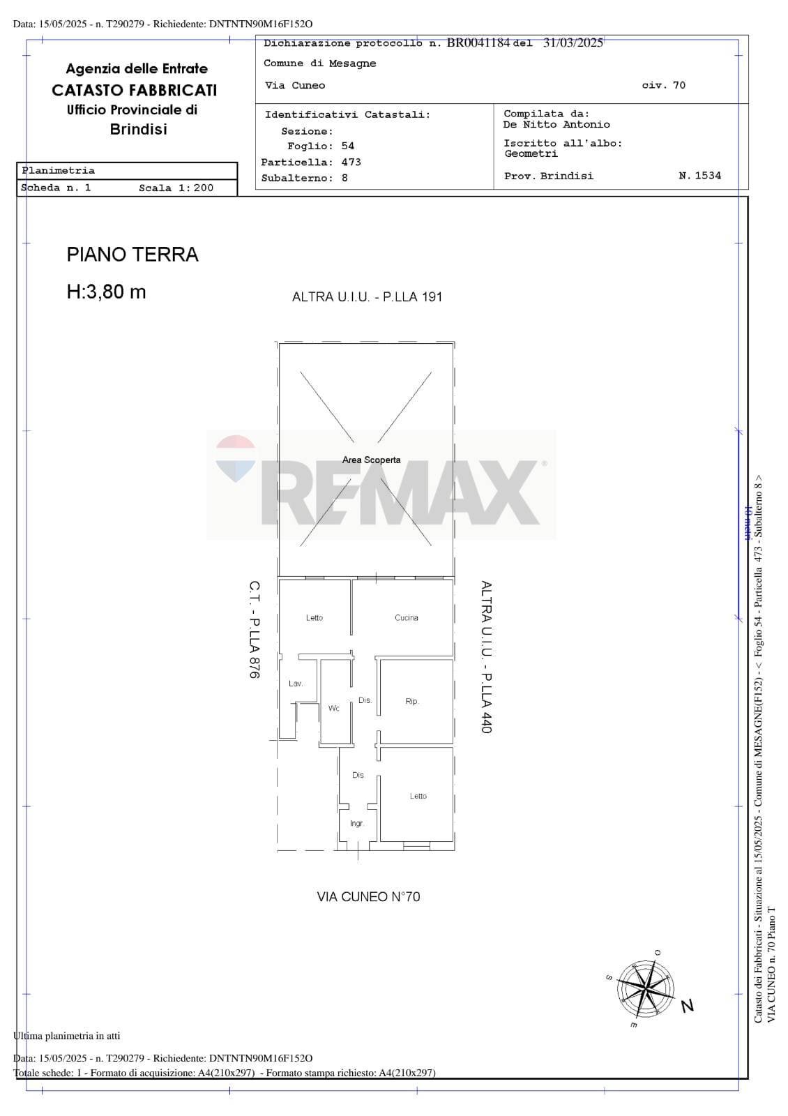 PLANIMETRIA CATASTALE - Casa indipendente Via Cuneo
 
70, Mesagne - planimetria 1