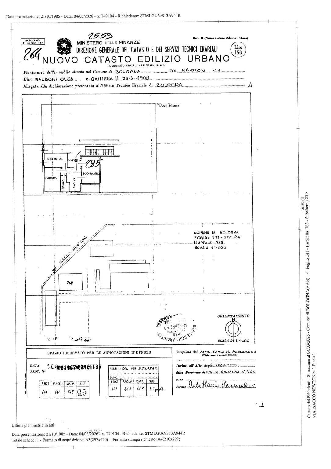 Quadrilocale via Isaac Newton, 1, Bologna (zona Barca) - planimetria 1