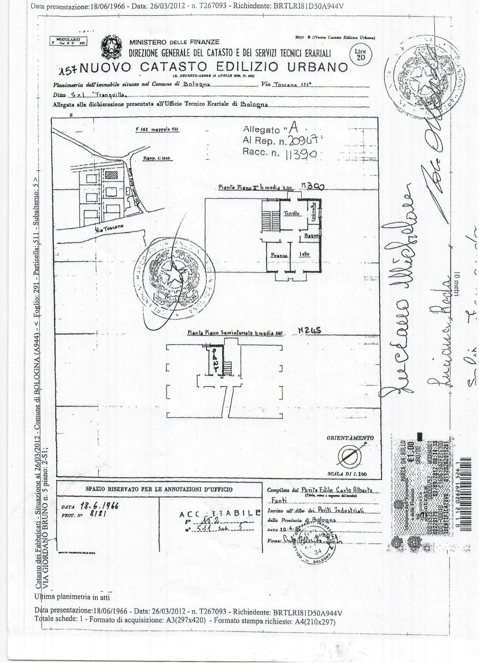 Trilocale via Giordano Bruno, Bologna (zona San Ruffillo) - planimetria 1