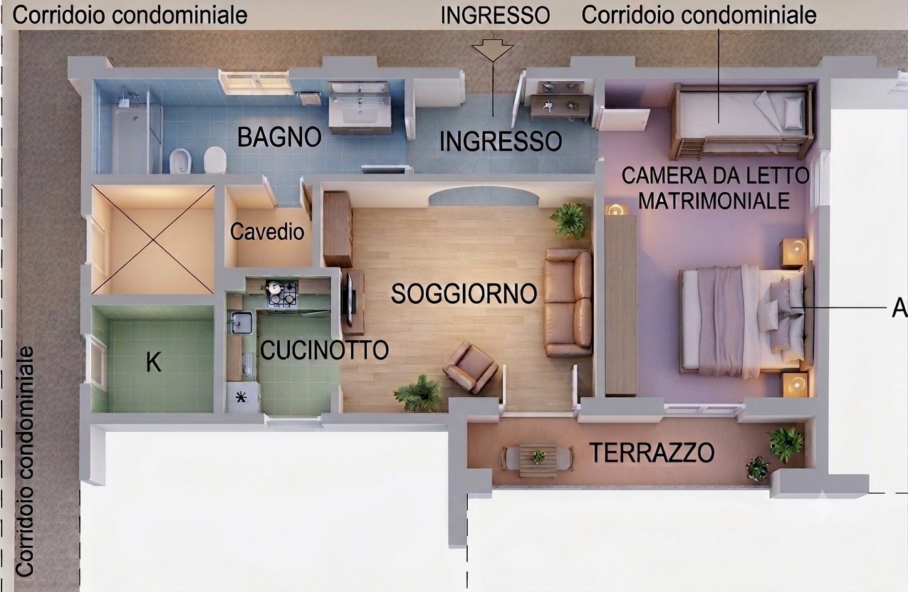 Panimetria colorata .3Dng - Two-room apartment Via della Stazione, Taggia - floor plans 1